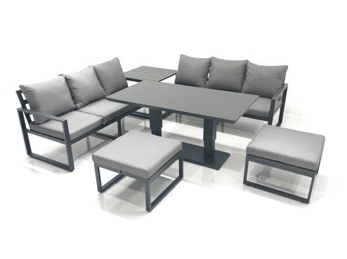Fimous 8 Seater Aluminium Outdoor Garden Furniture Set with Adjustable Rising Lifting Dining Table 3 Seater Sofa 2 Big Footstool Side Table Dark Grey