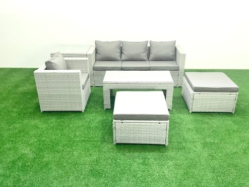 Fimous Outdoor Rattan Garden Furniture Set with Grey Cushions Luxury 6 Seater with 2 Big Footstools and Coffee Table,Side Table For Conservatory,Patio
