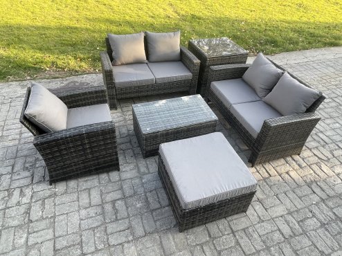 Fimous Wicker Rattan Garden Furniture Sofa Set with Rectangular Coffee Table Double Seat Sofa Chair Big Footstool Side Table 6 Seater Outdoor Rattan Set Dark Grey Mixed