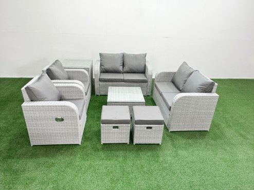 Fimous 8 Seater Outdoor Reclining Chair Love Sofa Set Rattan Garden Furniture Set with Square Coffee Table 2 Stools Side Table Light Grey