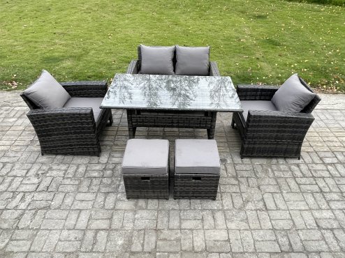 Fimous 6 Seater PE Wicker Outdoor Garden Furniture Set Patio Furniture Rattan Rectangular Dining Table Lounge Sofa with 2 Small Footstools