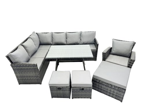 Fimous 10 Seat Poly Rattan Outdoor Patio Oblong Dining Table Corner Sofa Set with 3 Stool Chair for Garden Backyard Dark Grey Mixed