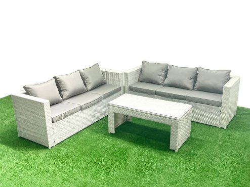 Fimous 6 Seater Garden Outdoor Rattan Furniture Set Rattan Garden Sofa Oblong Coffee Table Light Grey Mixed