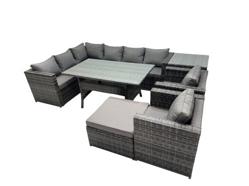 Fimous Outdoor PE Rattan Sofa Set with Dining Table Patio Garden Furniture Sets with Big Stool Side Table Dark Grey Mixed