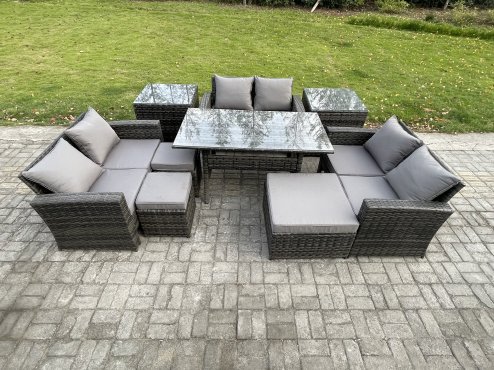 Fimous 9 Seater Wicker PE Rattan Garden Furniture Sets Outdoor Lounge Sofa Set with Oblong Dining Table Double Seat Sofa 3 Footstools 2 Side Tables Dark Grey Mixed