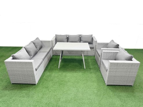 Fimous 8 Seater Garden Furniture Set PE Ratten Garden Sofa Set with Rectangular Dining Table Light Grey