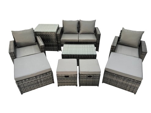 Fimous 8 Seater Wicker PE Rattan Furniture Outdoor Coffee Table Double Seat Sofa 4 Stools Side Table Set Dark Grey Mixed