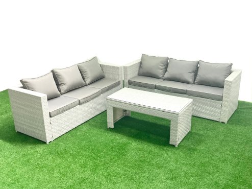 Fimous 6 Seater Garden Outdoor Rattan Furniture Set Rattan Garden Sofa Oblong Coffee Table Light Grey Mixed