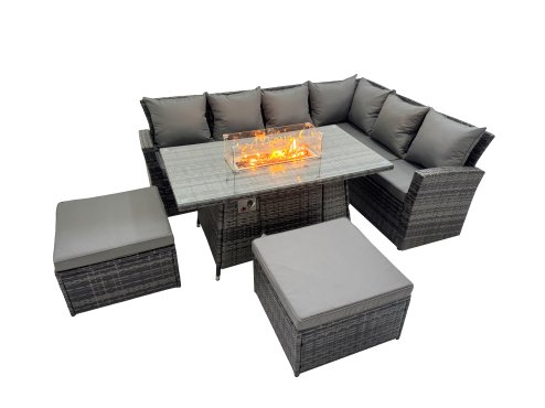 Fimous Outdoor Furniture Garden Dining Set Rattan Corner Sofa Set Gas Fire Pit Table with Temper Glass 2 Big Footstools Dark Grey Mixed
