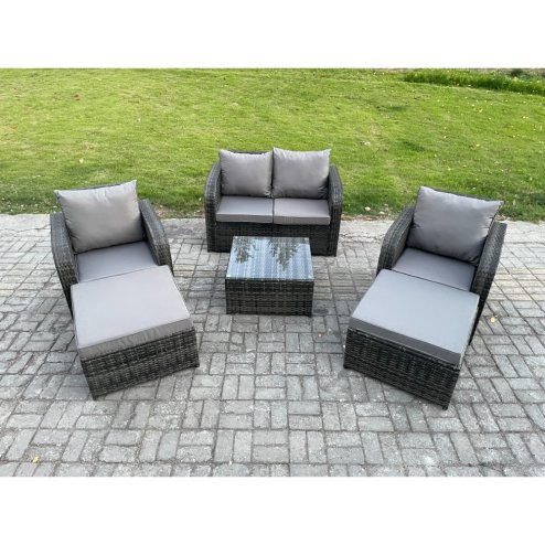 Fimous 6 Seater High Back Rattan Garden Furniture Set with Square Coffee Table 2 Big Footstool Love Sofa Reclining Chair Indoor Outdoor Patio Lounge Sofa Set Dark Grey Mixed
