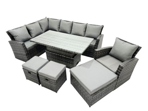 Fimous Poly Rattan Outdoor Patio Height Adjustable Rising Lifting Table Corner Sofa Set with 3 Stools for Garden Backyard Dark Grey Mixed