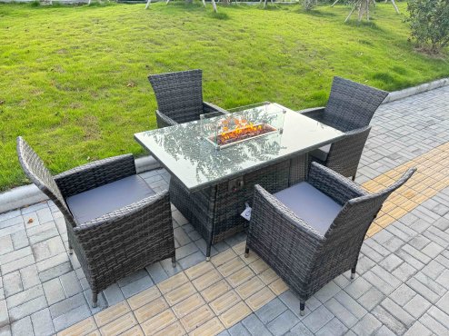 Fimous Rattan Garden Furniture Dining Set 4-seater Patio Rectangular Gas Firepit Table Chairs Outdoor Dark Grey Mixed