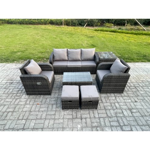 Fimous Outdoor Rattan Garden Furniture Set Patio Lounge Sofa Set with Reclining Chair Rectangular Coffee Table Side Table 2 Small Footstools Dark Grey Mixed