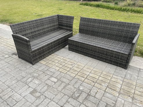 Fimous Outdoor Garden Furniture Set Wicker PE Rattan Height Adjustable Rising Lifting Table Sofa Dining Set with 2 Big Footstool Armchair Dark Grey Mixed
