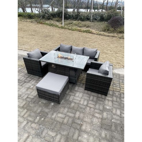 Fimous Outdoor PE Rattan Garden Furniture Gas Fire Pit Dining Table Armchairs With Big Footstool Dark Grey Mixed