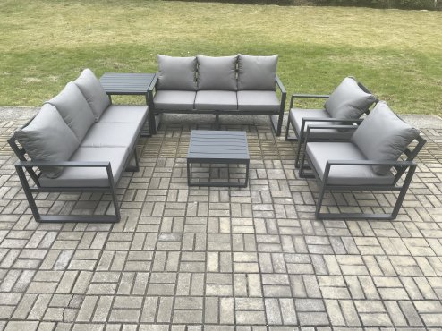 Fimous Aluminium Outdoor Lounge Sofa Set Garden Furniture Sets with Square Coffee Table 2 Chairs Side Table Dark Grey 8 Seater