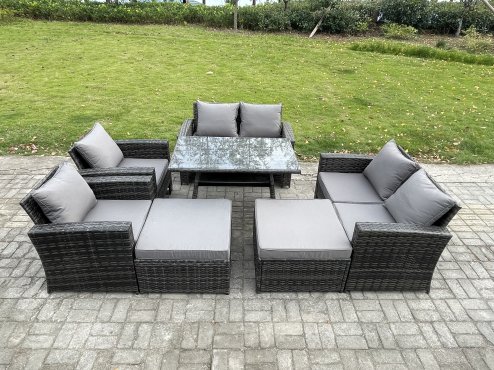 Fimous 8 Seater Garden Dining Set Wicker PE Rattan Outdoor Furniture Sofa with Rectangular Dining Table Double Seat Sofa 2 Big Footstool Armchair Dark Grey Mixed