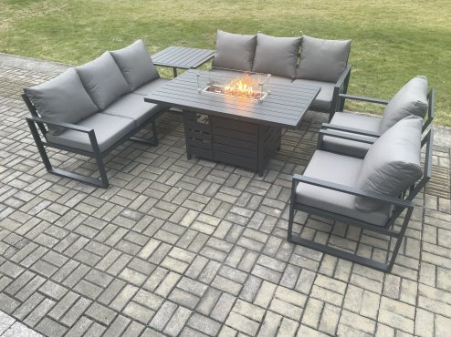 Fimous Aluminium 6 Pieces Garden Furniture Sofa Set with Cushions 8 Seater Gas Fire Pit Dining Table Set with Side Table Dark Grey
