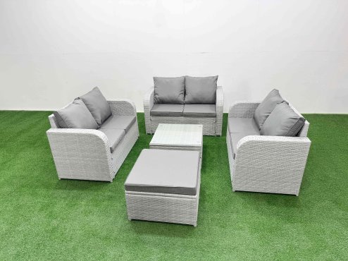Fimous 7 Seater PE Wicker Rattan Furniture Sofa Sets with Square Coffee Table 2 Seater Love Sofa Big Footstool Light Grey