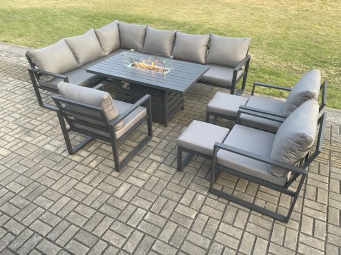 Fimous Aluminium Patio Outdoor Garden Furniture Corner Sofa Set Gas Fire Pit Dining Table with 3 Chairs 2 Small Footstools Dark Grey