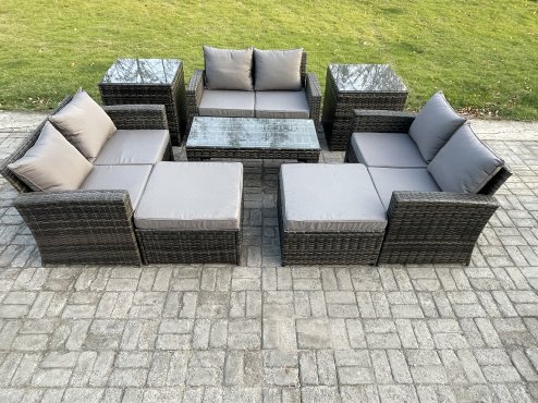 Fimous Outdoor U Shape Sofa Set Wicker PE Rattan Garden Furniture Set with Coffee Table Double Seat Sofa 2 Big Footstool 2 Side Tables Dark Grey Mixed