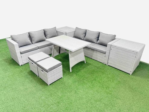 Fimous Rattan Garden Furniture Dining Set 8-seater Patio Rectangular Table 3 Seater Sofa Set with 2 Side Tables 2 Small Stools Light Grey