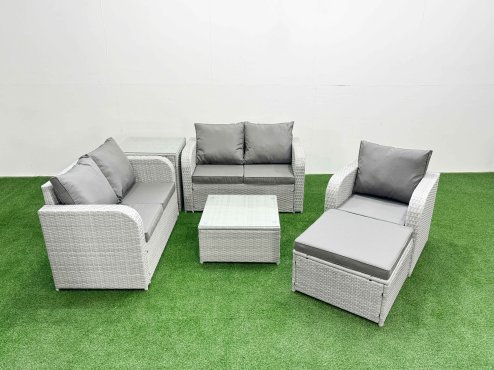 Fimous High Back Poly Rattan Garden Furniture Set with Reclining Chair Loveseat Sofa Square Coffee Table Indoor Outdoor Patio Set Big Stool Side Table Light Grey