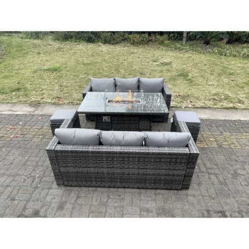 Fimous Outdoor PE Rattan Garden Furniture Gas Fire Pit Dining Table Lounge Sofa 2 PC Footstools Dark Grey Mixed Patio