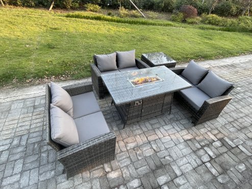 Fimous Outdoor Garden Dining Sets 6 Seater Rattan Patio Furniture Sofa Set with Gas Firepit Table Double Seat Sofa Side Table Dark Grey Mixed