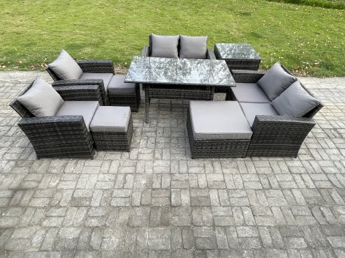 Fimous Garden Furniture Sets 9 Pieces Rattan Furniture Handmade Wicker Patio Sofa Set with 3 Footstools Side Table Dark Grey Mixed