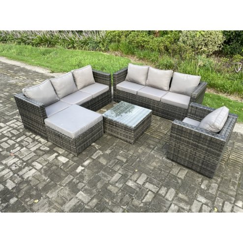 Fimous Rattan Garden Furniture Sofa Set with Armchair Square Coffee Table Big Footstool Indoor Outdoor 8 Seater Rattan Set Dark Grey Mixed