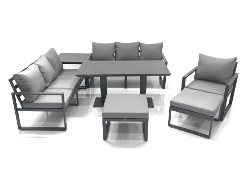 Fimous Outdoor Garden Furniture Set Aluminium Lounge Sofa Adjustable Rising Lifting Dining Table Sets with 2 Big Footstools Side Table Dark Grey