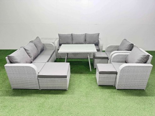 Fimous Rattan High Back Lounge Sofa Set Patio Dining Table & Chairs Set with 3 Seater Sofa 2 Reclining Chairs Side Table 3 Stool Light Grey