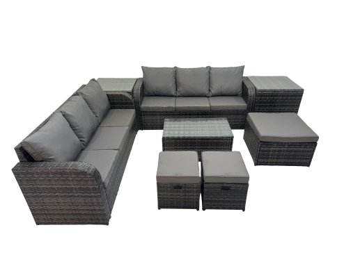 Fimous Outdoor 3 Seater Sofa Coffee Table Set Garden Rattan Furniture Set 9 Seater with 3 Stool 2 Side Tables Dark Grey