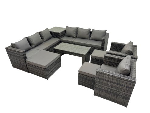 Fimous Garden Rattan Outdoor Furniture Set 11 Seater Patio Corner Sofa Oblong Coffee Table with Chair 3 Stools Side Table Dark Grey