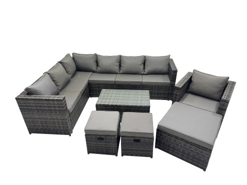 Fimous Outdoor Rattan Rectangular Coffee Table Corner Sofa Sets Garden Furniture Set with 2 Small Stools Dark Grey Mixed