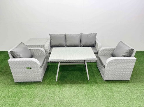 Fimous Reclining Chair 3 Seat Sofa Set Garden Furniture Set with Rectangular Dining Table Side Table Light Grey