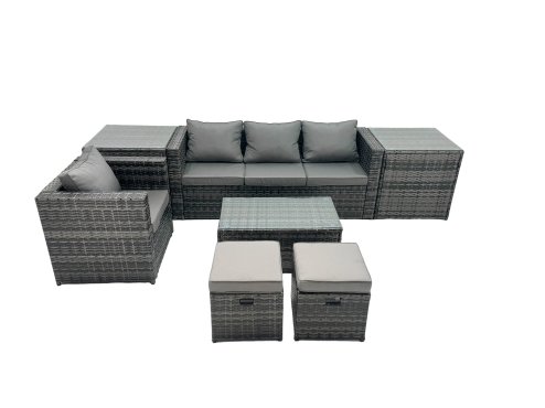 Fimous Outdoor Coffee Table Sofa Armchair Set with 2 Side Tables 2 Small Footstools Garden Furniture Set Dark Grey Mixed