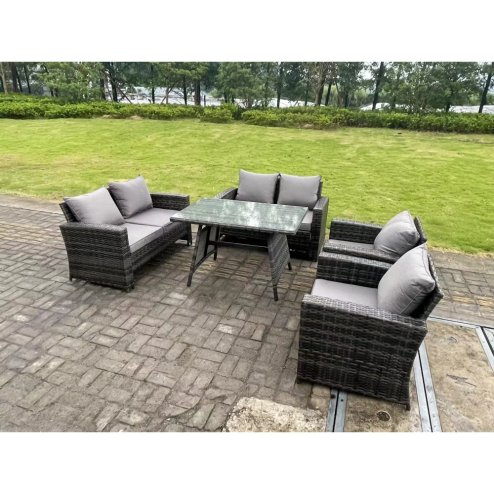 Fimous 6 Seater Outdoor Dark Grey Mixed High Back Rattan Sofa Dining Table Set Garden Furniture