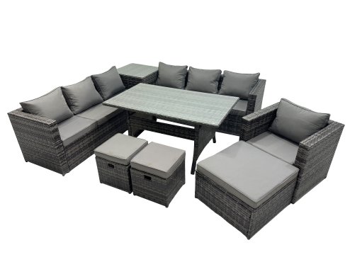 Fimous 10 Seater Outdoor Corner Sofa Chair Dining Table Set Garden Rattan Furniture Set with Side Table 3 Stools Dark Grey