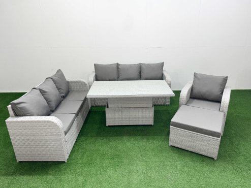 Fimous 8 Seater Poly Rattan Outdoor Garden Furniture Adjustable Lifting Dining or Coffee Table Sofa Set Patio 3 Seater Sofa Reclining Chair 3 Seater Sofa Big Footstool Light Grey