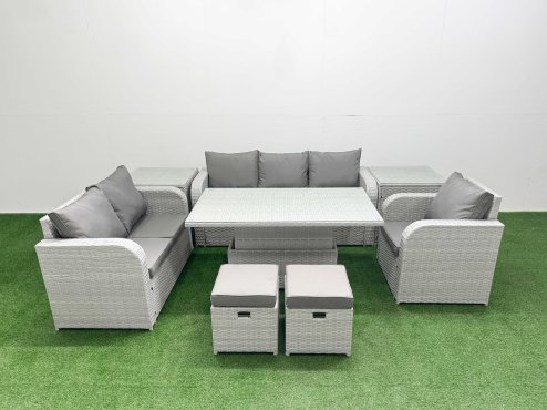 Fimous Patio PE Wicker 8 Seater Outdoor Rattan Furniture Sofa Sets with Adjustable Lifting Dining or Coffee Table Reclining Chair Loveseat Sofa 3 Seater Sofa Stool 2 Side Table Light Grey