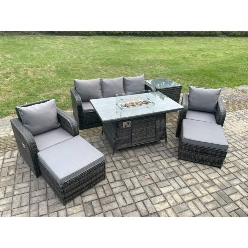 Fimous Wicker Rattan Garden Furniture Sofa Set Gas Fire Pit Dining Table Indoor Outdoor with Side Table Chair 2 Big Footstool