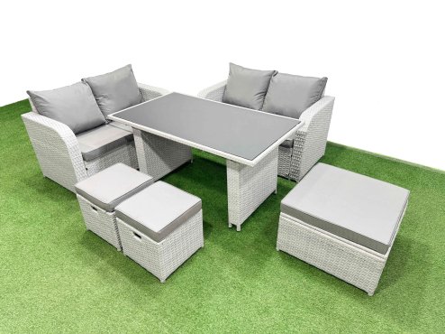 Fimous 6 Pieces Outdoor PE Rattan Sofa Set Patio Garden Furniture Sets with Cushions 3 Stools Light Grey