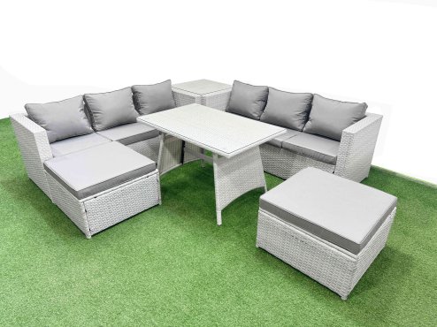 Fimous Rattan Garden Furniture Dining Set 8-seater Patio Rectangular Table 3 Seater Sofa Set with Side Table 2 Big Stools Light Grey
