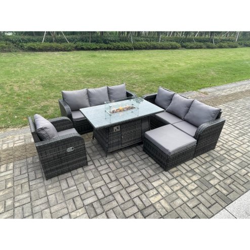 Fimous Rattan Outdoor Furniture Gas Fire Pit Rectangle Dining Table Gas Heater Reclining Chair 3 Seater Sofa Sets with Big Footstool 8 Seater