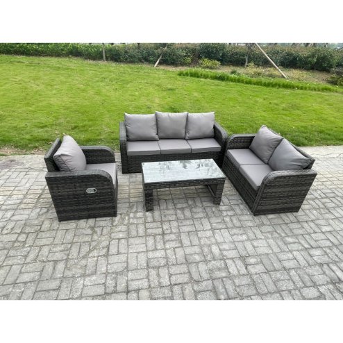 Fimous 6 Seater Outdoor Rattan Garden Furniture Set Rattan Lounge Sofa Set with Rectangular Coffee Table Reclining Chair Dark Grey Mixed