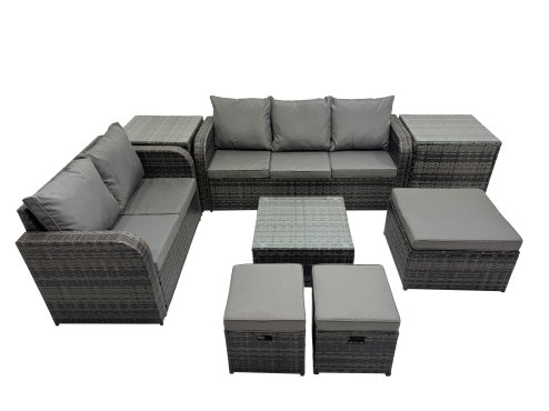 Fimous Wicker PE Rattan Garden Outdoor Furniture Set Love Sofa Square Coffee Table Set with 3 Stools 2 Side Tables Dark Grey Mixed