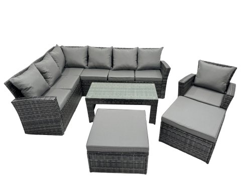 Fimous 9 Seat Poly Rattan Outdoor Patio Oblong Coffee Table Corner Sofa Set with 2 Big Stool Chair for Garden Backyard Dark Grey Mixed