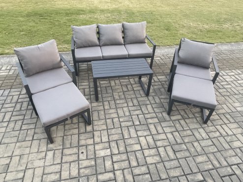 Fimous Aluminium 6 Pieces Garden Furniture Sofa Set with Cushions 7 Seater Outdoor Patio Set with 2 Armchair 2 Big Footstools Dark Grey